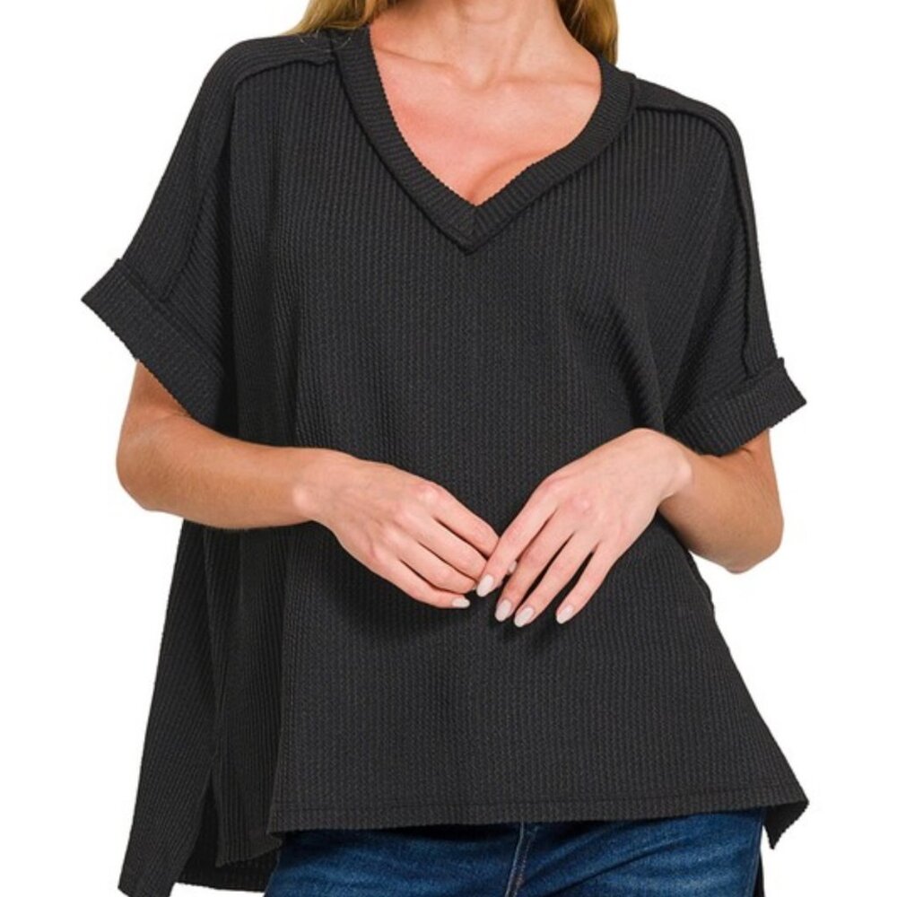 #52 ZENANA CORDED RIB SHORT SLEEVE HI-LOW V NECK TOP